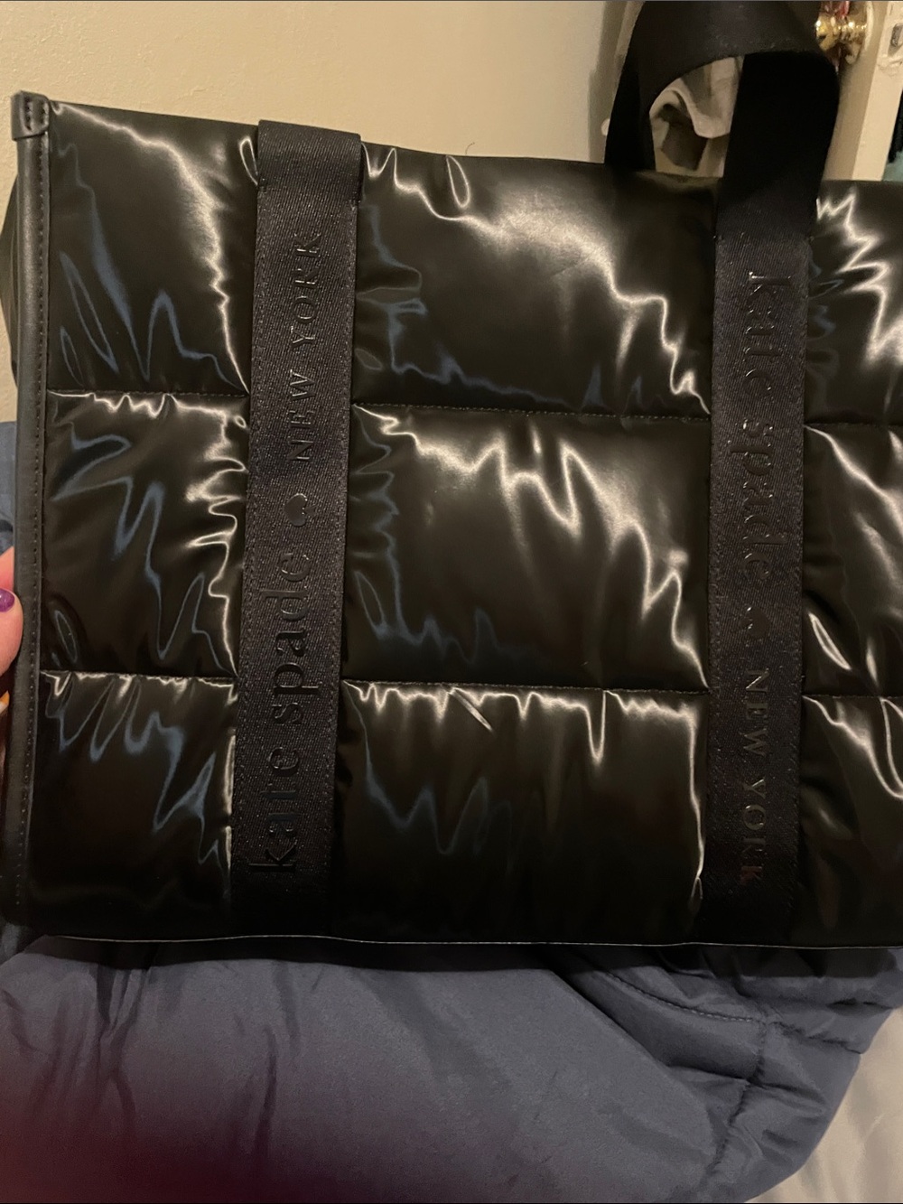 kate spade Black Quilted Puffer Tote with Branded Straps